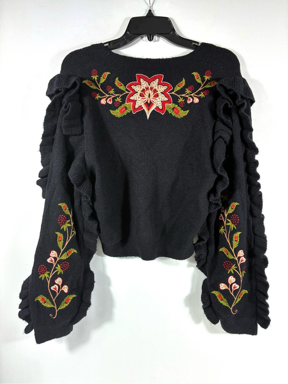 Farm Rio Berry Embroidered Ruffle Cardigan Black Medium NEW - Picture 6 of 16